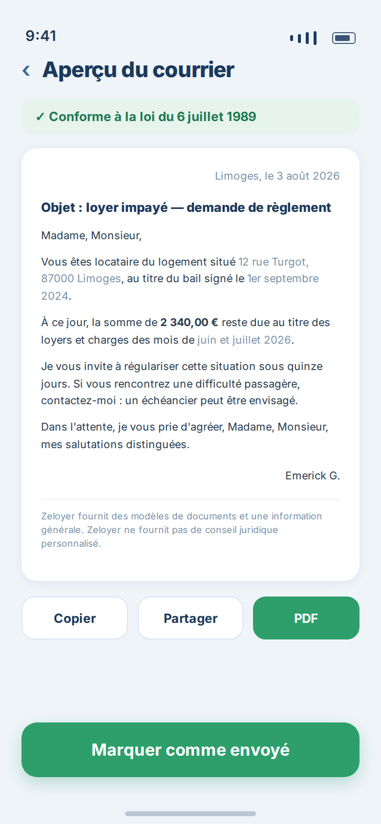Aperçu d'un courrier généré par Zeloyer, avec le badge de conformité à la loi du 6 juillet 1989.